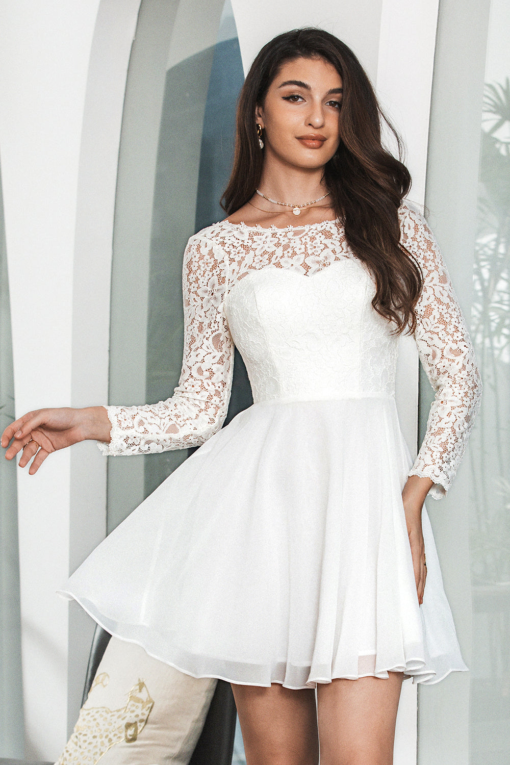 Wedtrend Women Short White Graduation Dress A Line Bateau Long Sleeves Backless Modest Homecoming Dress WEDTREND Wedtrend Women Short White Graduation Dress A Line Bateau Long Sleeves Backless Modest Homecoming Dress WEDTREND
