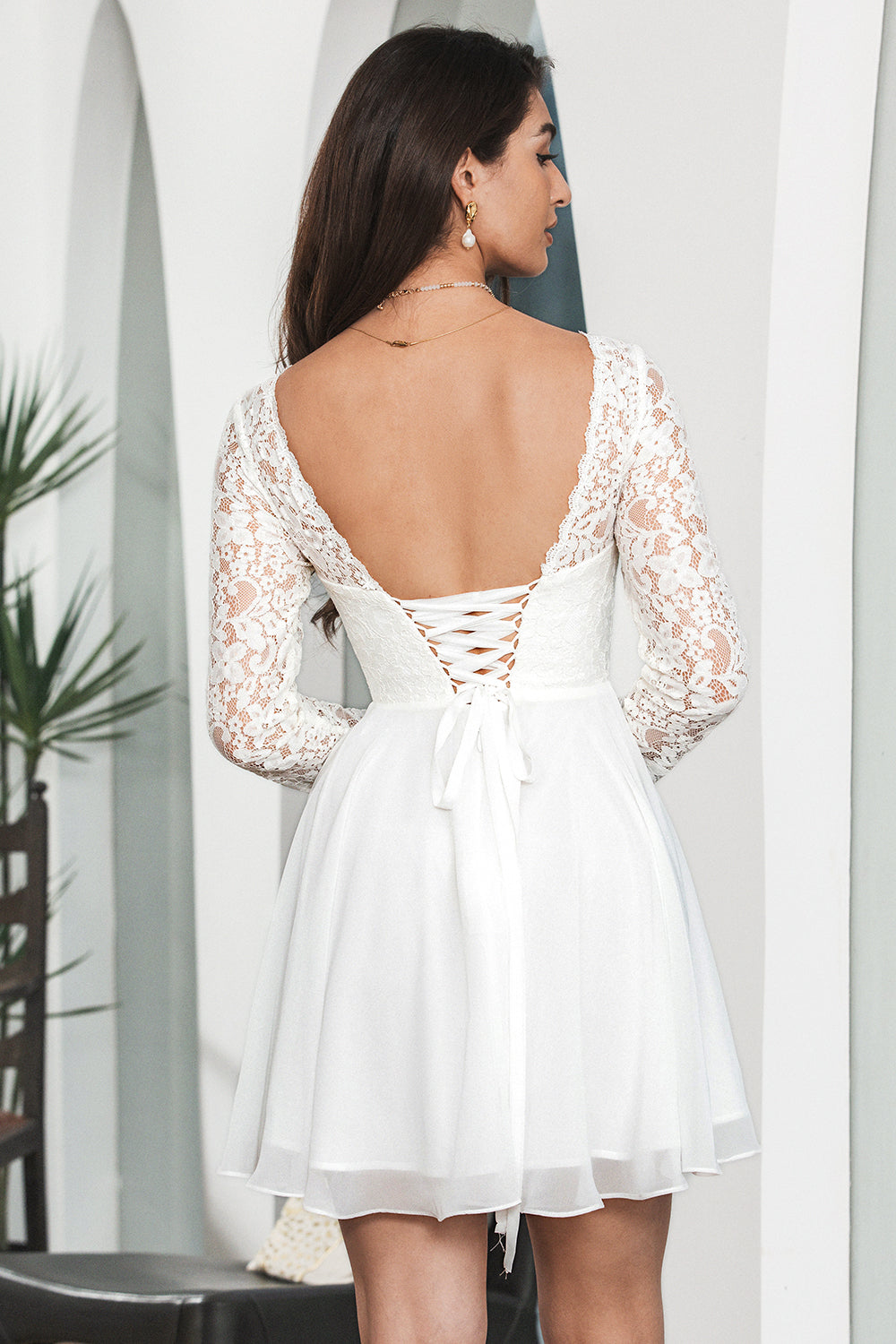 Wedtrend Women Short White Graduation Dress A Line Bateau Long Sleeves Backless Modest Homecoming Dress WEDTREND Wedtrend Women Short White Graduation Dress A Line Bateau Long Sleeves Backless Modest Homecoming Dress WEDTREND