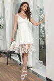 A-Line V-Neck Flower Lace Short White Graduation Dress