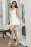 Classy A-Line V-Neck Flower Lace Short White Graduation Dress