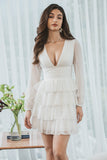 Cute White A-Line Deep V Neck Short Tiered Graduation Dress With Long Sleeves