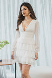 Cute White A-Line Deep V Neck Short Tiered Graduation Dress With Long Sleeves