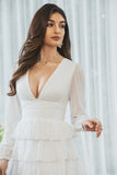 Cute White A-Line Deep V Neck Short Tiered Graduation Dress With Long Sleeves