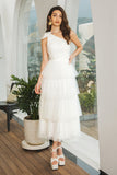 White A Line One Shoulder Tiered Long Engagement Party Dress