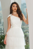White A Line One Shoulder Tiered Long Engagement Party Dress