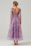 Purple A Line Pleated Printed Tea-Length Bridesmaid Dress