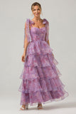 Purple Printed A Line Tiered Tea-Length Bridesmaid Dress