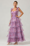 Purple Printed A Line Tiered Tea-Length Bridesmaid Dress