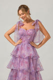 Purple A-Line Spaghetti Straps Tiered Floral Long Wedding Party Dress