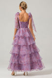 Purple Printed A Line Tiered Tea-Length Bridesmaid Dress