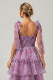 Purple Printed A Line Tiered Tea-Length Bridesmaid Dress