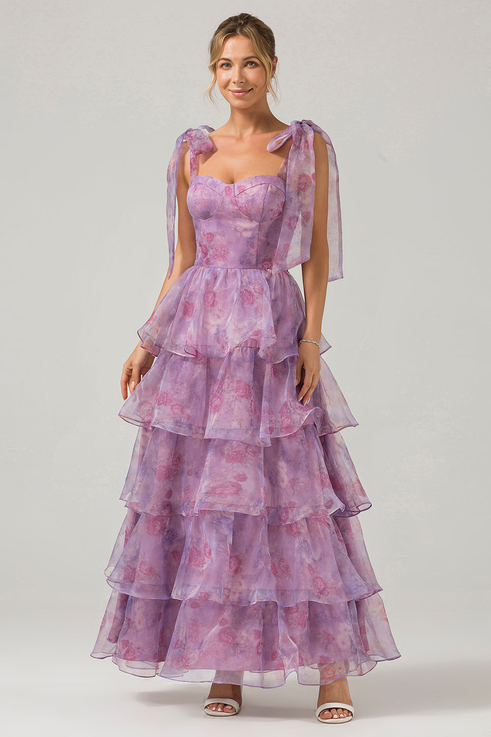 Wedtrend Women Purple Prom Dress A Line Tiered Tea-Length Floral Long Bridesmaid Dress WEDTREND Wedtrend Women Purple Prom Dress A Line Tiered Tea-Length Floral Long Bridesmaid Dress WEDTREND