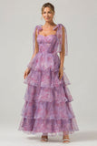 Purple Printed A Line Tiered Tea-Length Bridesmaid Dress