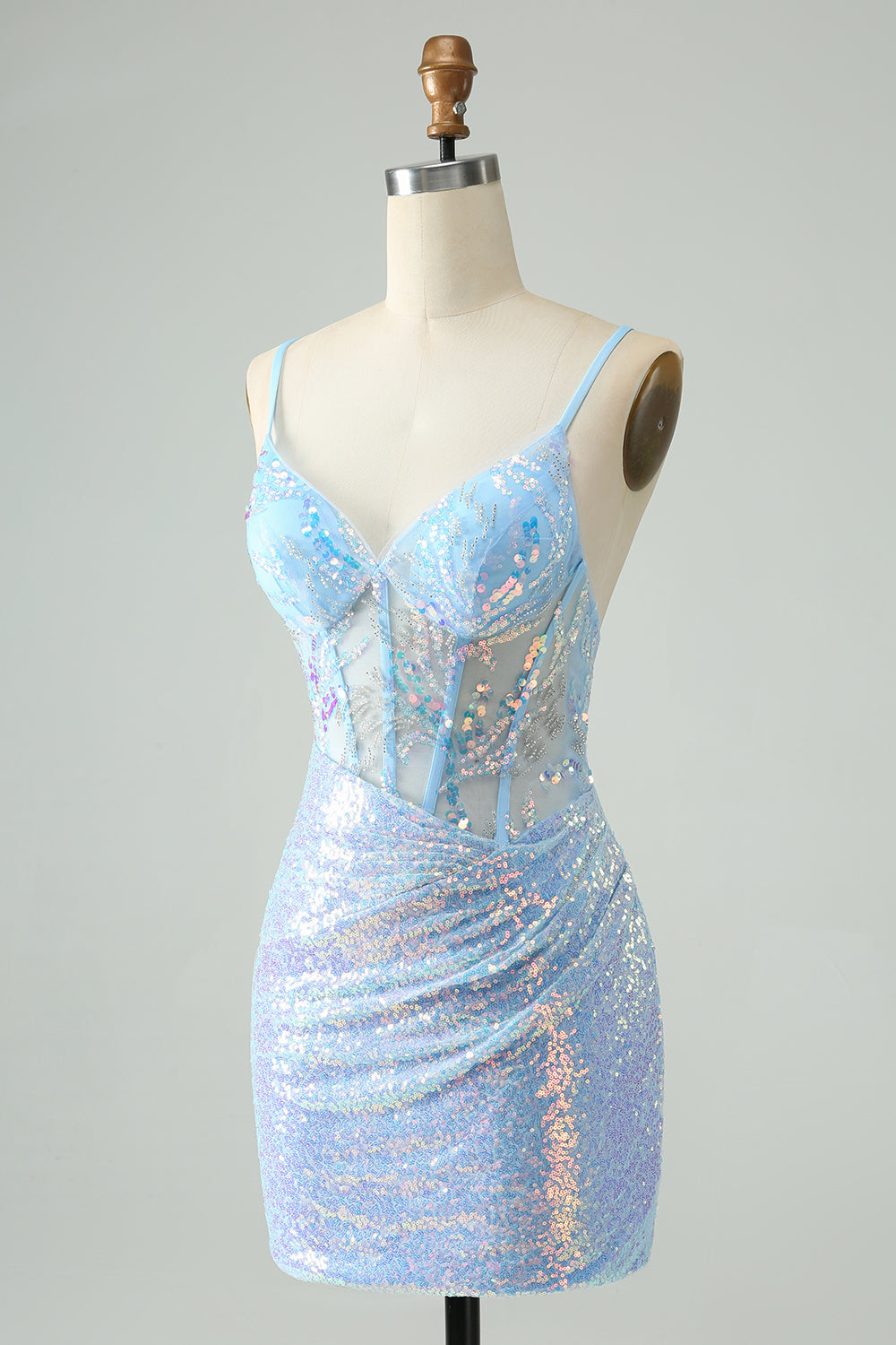 Wedtrend Women Glitter Lilac Tight Sequins Homecoming Dress Spaghetti Straps Beaded Corset Short Prom Dress, Lilac / US6