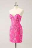 Classy Fuchsia Bodycon Strapless Corset Short Homecoming Dress with Sequins