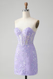 Classy Fuchsia Bodycon Strapless Corset Short Homecoming Dress with Sequins