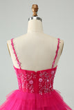 Cute Fuchsia A Line Spaghetti Straps Tiered Short Homecoming Dress with Sequins