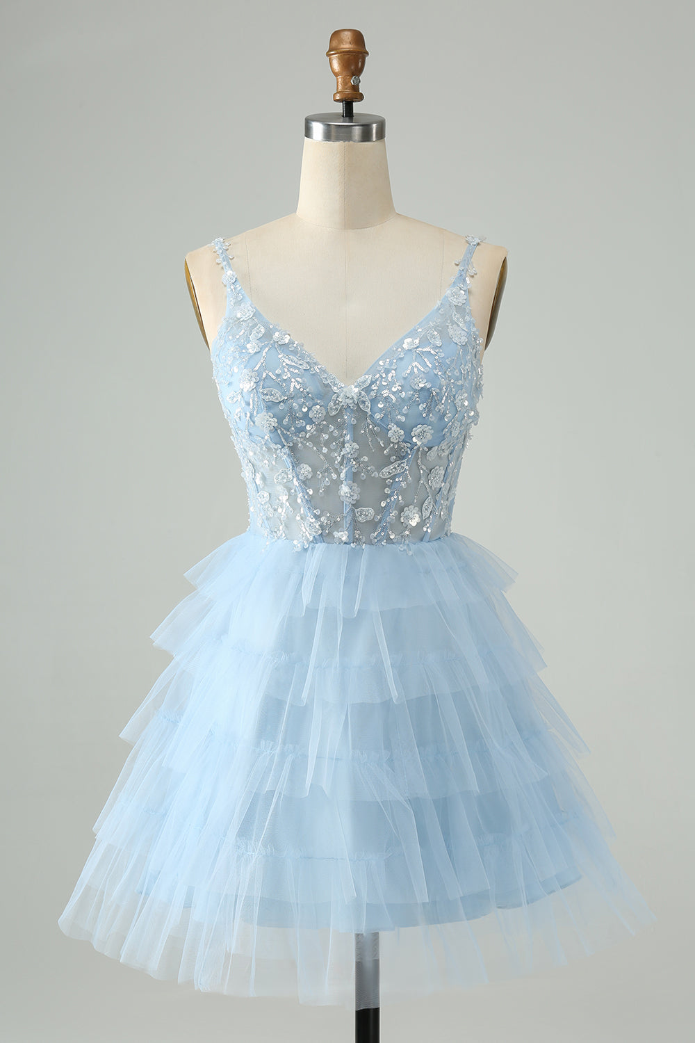 Wedtrend Women Cute Sky Blue Tiered Short Homecoming Dress with Hollow Out A Line Spaghetti Straps Cocktail Dress WEDTREND Wedtrend Women Cute Sky Blue Tiered Short Homecoming Dress with Hollow Out A Line Spaghetti Straps Cocktail Dress WEDTREND