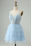 Cute Fuchsia A Line Spaghetti Straps Tiered Short Homecoming Dress with Sequins