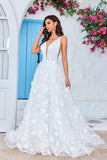 Ivory Ball-Gown/Princess V Neck Court Train Satin Wedding Dress with 3D Flowers