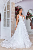 Ivory Ball-Gown/Princess V Neck Court Train Satin Wedding Dress with 3D Flowers