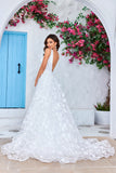 Ivory Ball-Gown/Princess V Neck Court Train Satin Wedding Dress with 3D Flowers