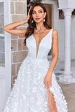 Ivory Ball-Gown/Princess V Neck Court Train Satin Wedding Dress with 3D Flowers