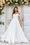 Ivory A-line Off the Shoulder Sweep Train Chiffon Wedding Dress With Lace