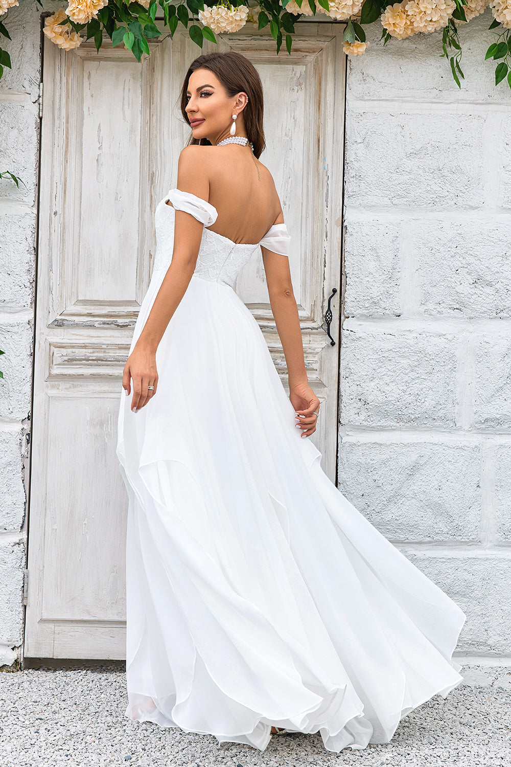 Wedtrend Women Wedding Dress Ivory Asymmetrical Boho Chiffon Wedding Party Dress with Lace, Ivory / US16 Wedtrend Women Wedding Dress Ivory Asymmetrical Boho Chiffon Wedding Party Dress with Lace, Ivory / US16