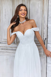 Ivory A-line Off the Shoulder Sweep Train Chiffon Wedding Dress With Lace