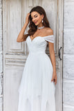 Ivory A-line Off the Shoulder Sweep Train Chiffon Wedding Dress With Lace