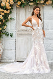 Ivory Mermaid Deep V Neck Chapel Train Tulle Boho Wedding Dress with Lace