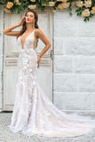 Ivory Mermaid Deep V Neck Chapel Train Tulle Boho Wedding Dress with Lace