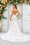 Ivory Mermaid Deep V Neck Chapel Train Tulle Boho Wedding Dress with Lace