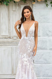 Ivory Mermaid Deep V Neck Chapel Train Tulle Boho Wedding Dress with Lace