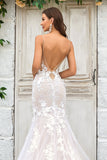 Ivory Mermaid Deep V Neck Chapel Train Tulle Boho Wedding Dress with Lace