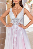 A Line V-Neck Sweep Train Tulle Wedding Dress with Lace