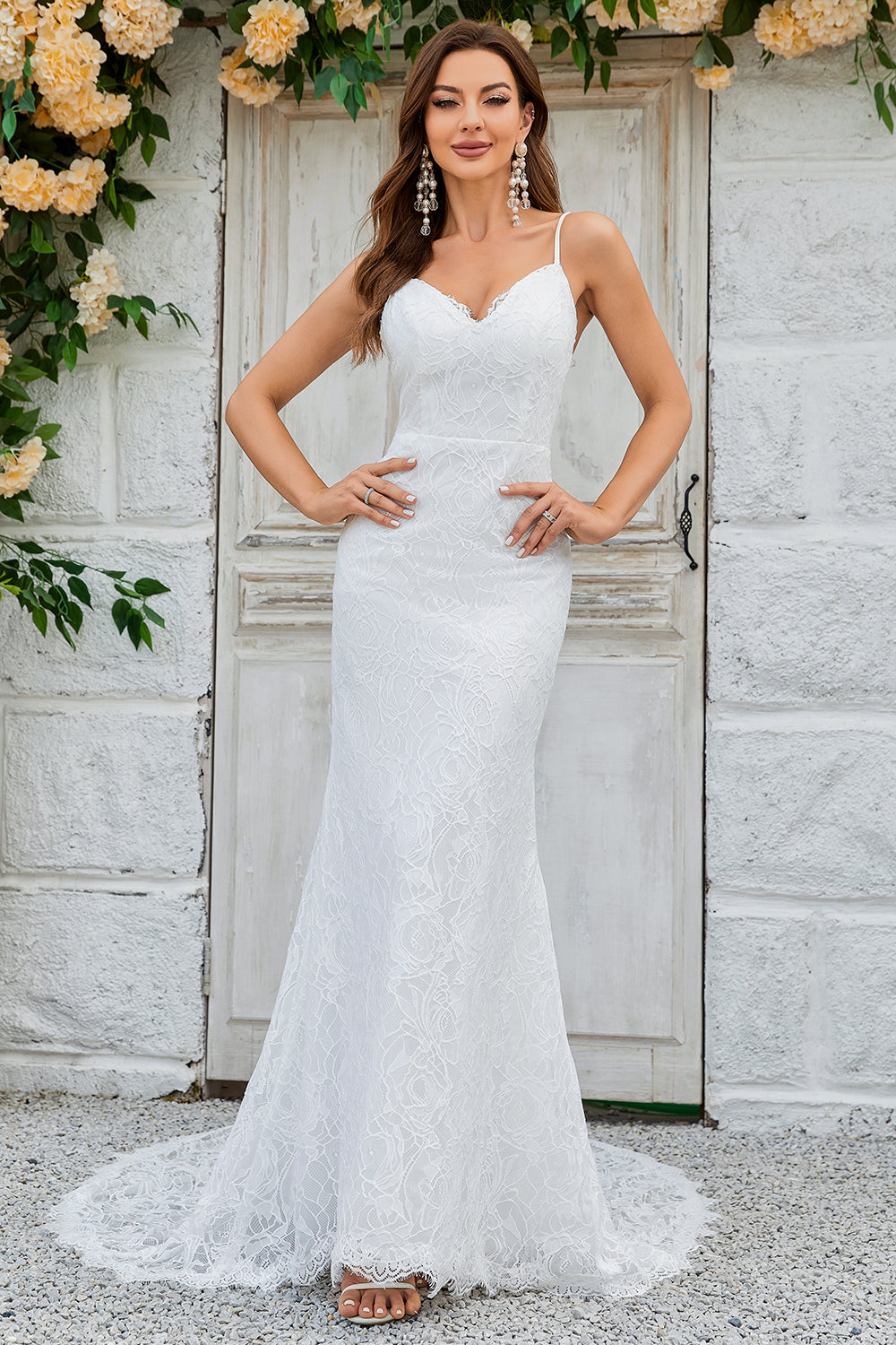 Ivory Mermaid Spaghetti Straps Backless Wedding Dress with Lace
