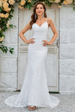 Ivory Mermaid Spaghetti Straps Backless Wedding Dress with Lace