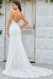 Ivory Mermaid Spaghetti Straps Backless Wedding Dress with Lace