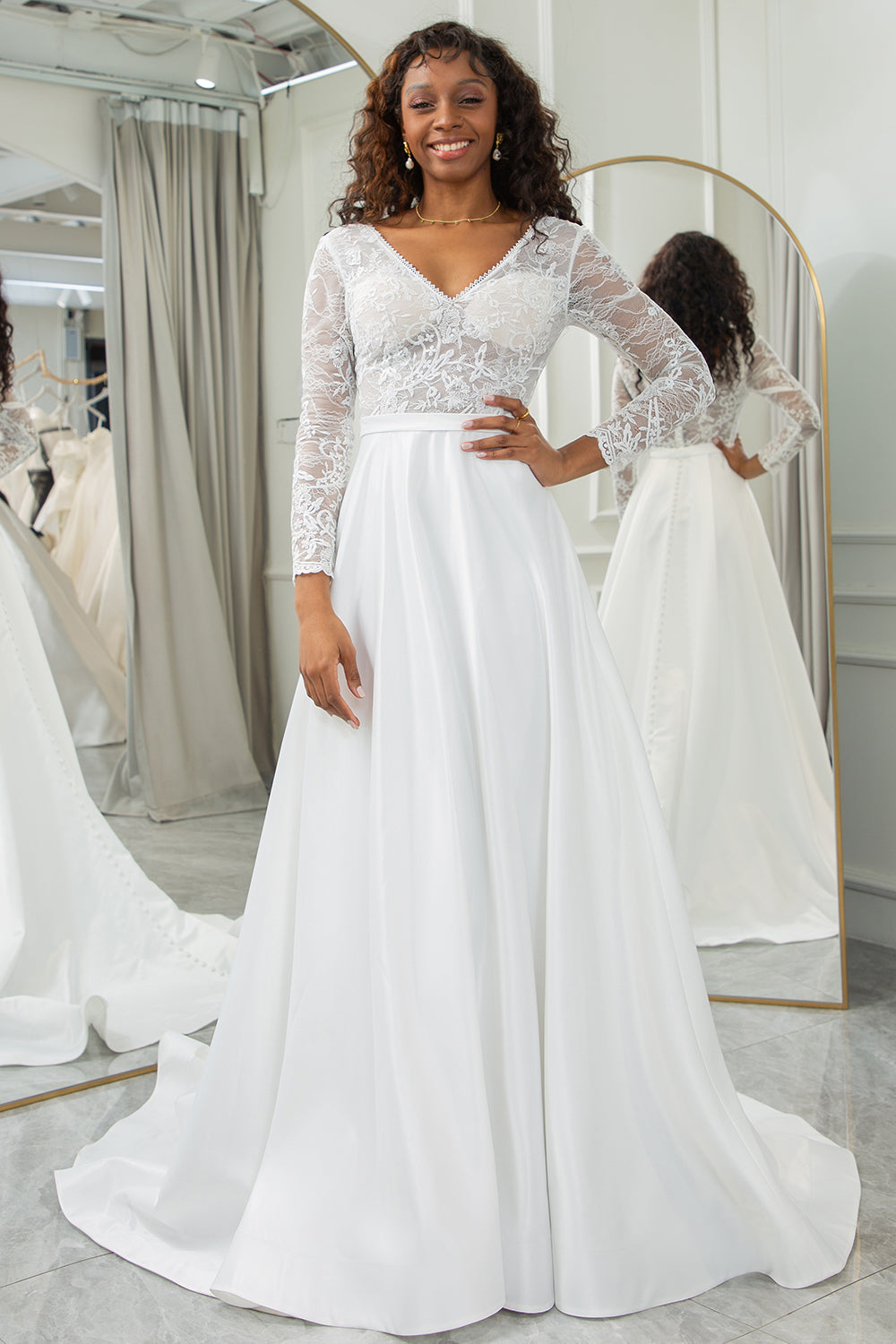 Lace Wedding V Neck A Line Satin Wedding Dress Wedtrend Women