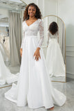 Ivory A-Line V-Neck Sweep Train Satin Wedding Dress with Long Sleeves