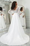 Ivory A-Line V-Neck Sweep Train Satin Wedding Dress with Long Sleeves