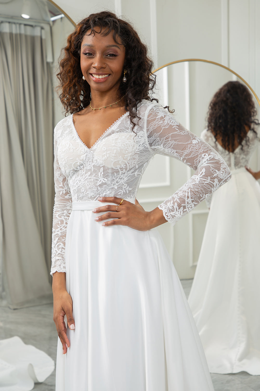 Long Sleeve V-neck A-line Wedding Dress With Lace Bodice And Satin