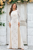 Sheath/Column Sweep Train Tulle Lace Boho Wedding Dress with Long Sleeves