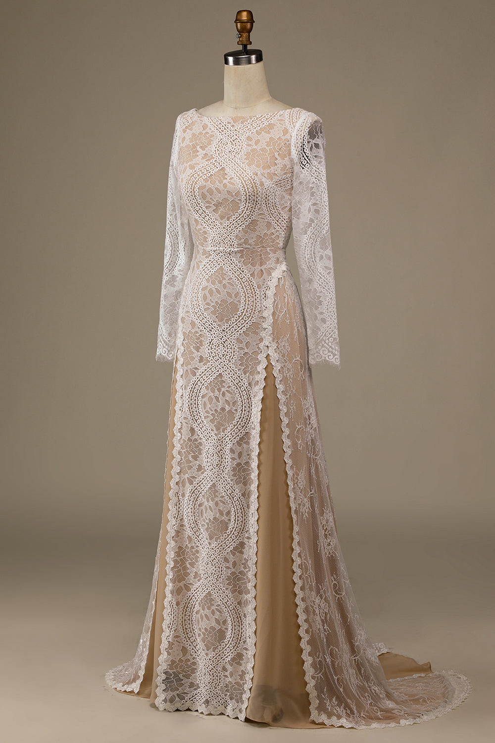 Champagne Long Sleeves Sweep Train Wedding Dress with Lace
