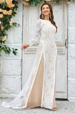 Sheath/Column Sweep Train Tulle Lace Boho Wedding Dress with Long Sleeves