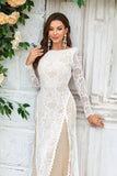 Sheath/Column Sweep Train Tulle Lace Boho Wedding Dress with Long Sleeves