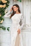 Sheath/Column Sweep Train Tulle Lace Boho Wedding Dress with Long Sleeves