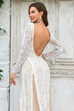 Sheath/Column Sweep Train Tulle Lace Boho Wedding Dress with Long Sleeves